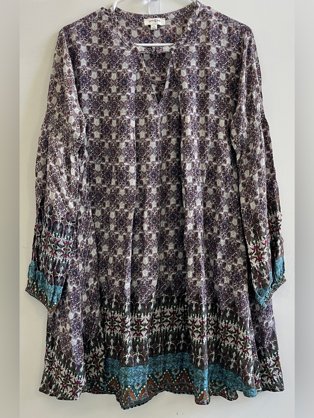Umgee Geometric Floral Paisley Mixed Print Boho  Babydoll Tunic Long Sleeves Top